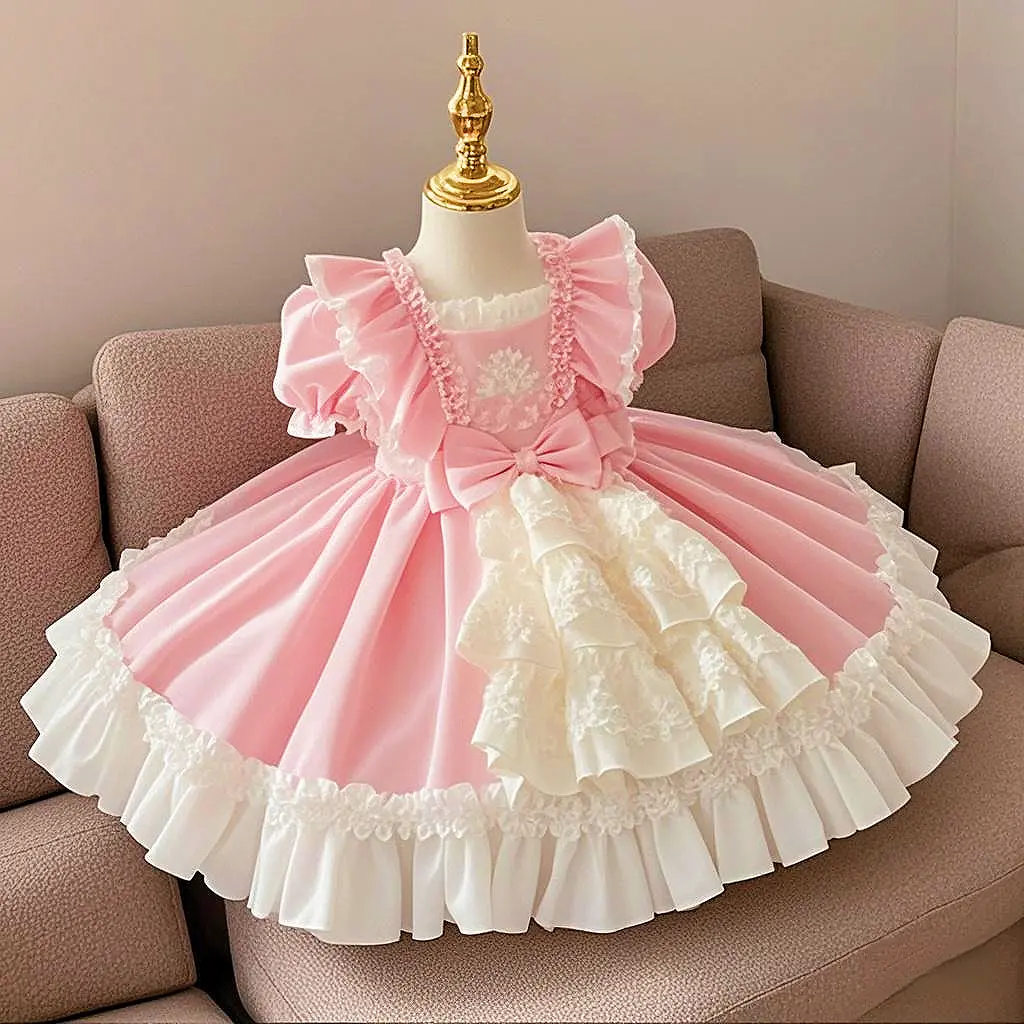 Girl's New Summer Pink Plaid Dress Up Gown - Toddler Party Dress, Square Neck, for 3-4y/4-5y Kids' Birthday, Casual Party Performance & Daily Stylish Wear