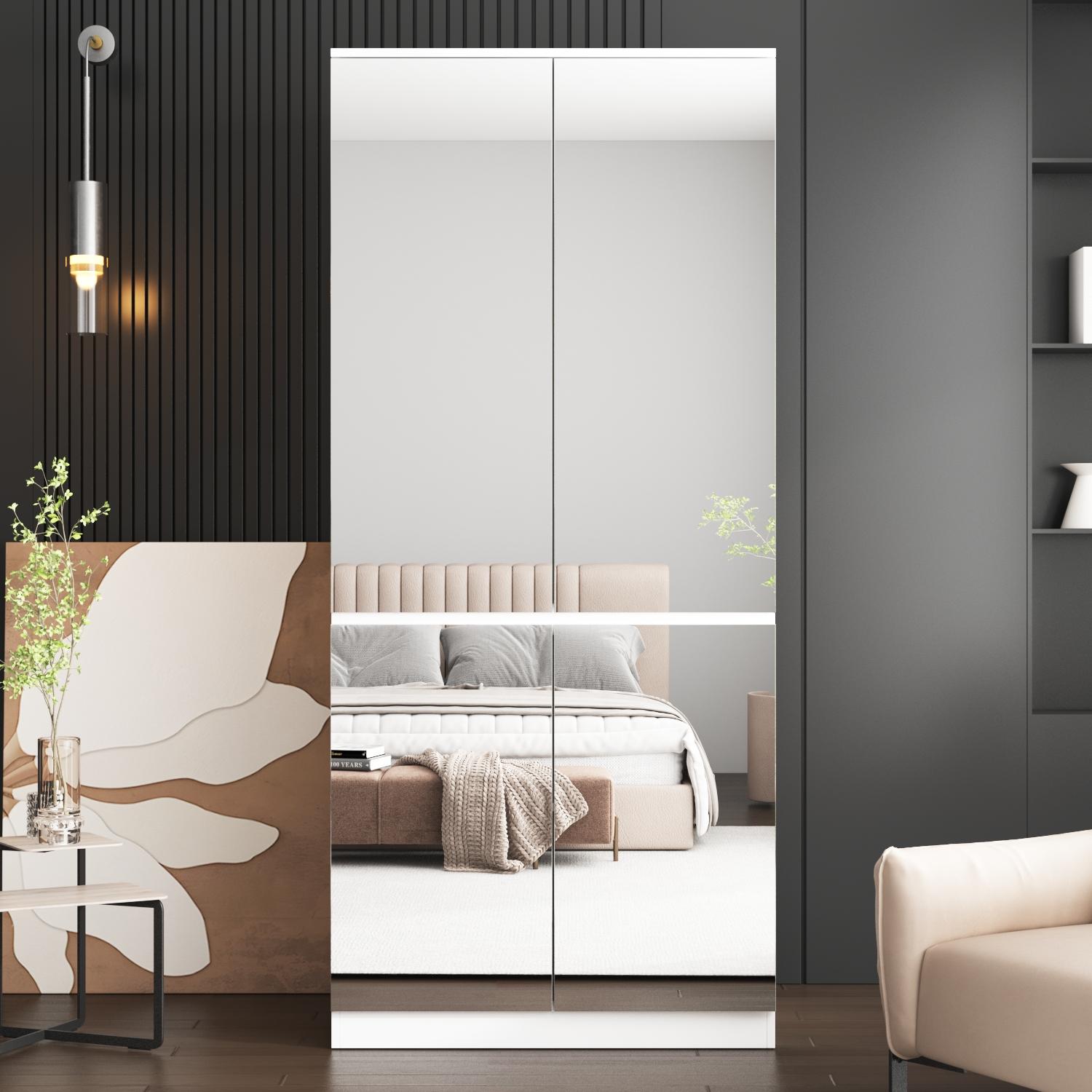 FUFU&GAGA 3 Types Mirror Wardrobe Armoire with Drawers, Full Length Glass Mirrors, 2 Smooth Sliding Drawers & Hanging Rod for Bedroom Storage