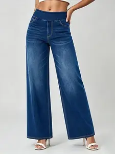 Women's Pull-On Elastic High-Waist Wide-Leg Jeans, Stretchy Denim with Functional Front & Back Pockets, Relaxed Flowy Fit for Casual Work & Everyday Streetwear baggy pant