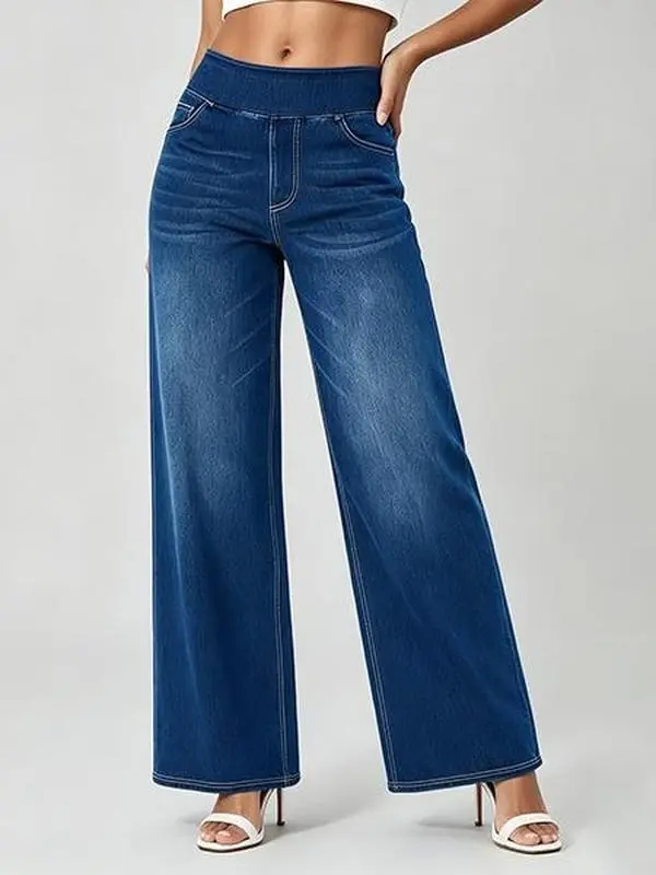 DIVASTORY Women's Casual Stretchy Wide Leg Pants, High Waist Pull-On Tummy Control Trousers with Pockets for Work and Leisure, Fabric, Elastic, Bottom, Woven Nylon Viscose Solid Loose, Stretchy Jeans, Casual Jeans