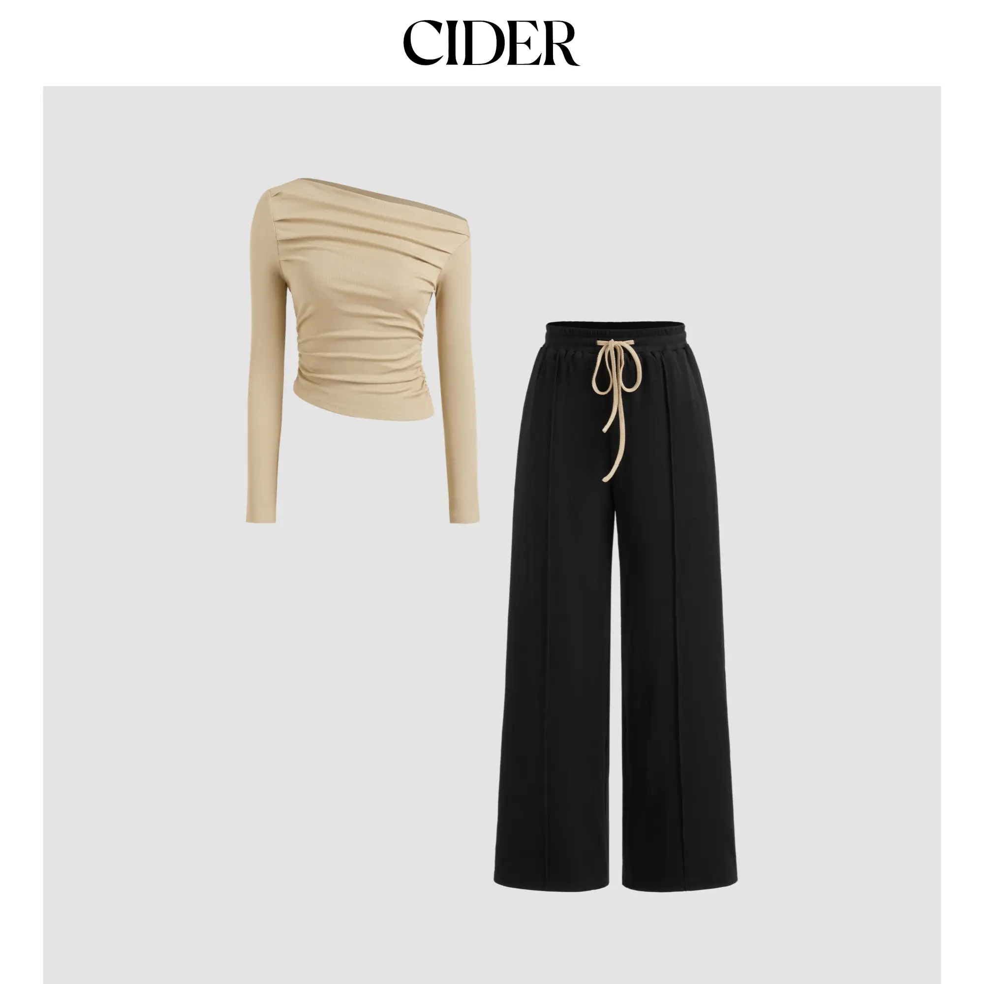 Cider [size 2-10] Asymmetrical Neck Ruched Top & Mid Rise Drawstring Wide Leg Trousers Set