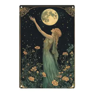 12x8 inch Vintage Moon and Beauty Metal Tin Sign - Bohemian Woman with Flowing Teal Dress, Dark Green Floral Background - Hanging Art - Easy Installation with Pre-Drilled Holes - Home, Cafe, Bar, Garage Decoration - Ideal Christmas Ornaments Room