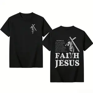 Unisex 100% Cotton Cross & Faith Over Fear Slogan Print Washed Distressed Short Sleeve Tee, Regular Fit Vintage Trendy Casual Round Neck T-shirt for Daily Wear Menswear tees