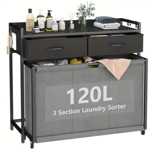 Home Essentials 3-Section Laundry Sorter with Wheels - Pull-Out Rolling Bag, 2 Storage Drawers, Hooks, and Rustic Style - Perfect for Laundry Room, Bedroom, Bathroom Organization