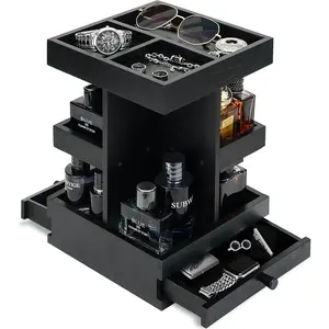 Cologne Organizer for Men with Dual Drawers, Multi-Layer Black Wooden Perfume Organizer Holder and Jewelry – Rotating Fragrance Display Stand for Dresser,, or