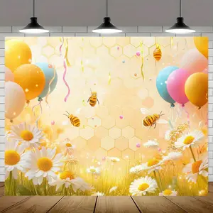 1pc Vibrant Polyester Happy Daisy Party Banner - Backdrop with Bees, Balloons, Confetti, Ornaments for Classroom, Photo Booth Fun, Bee Theme Party Decor