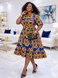 Women’s African Print Midi Dress – Blue Ankara Fit & Flare Belted Dress
