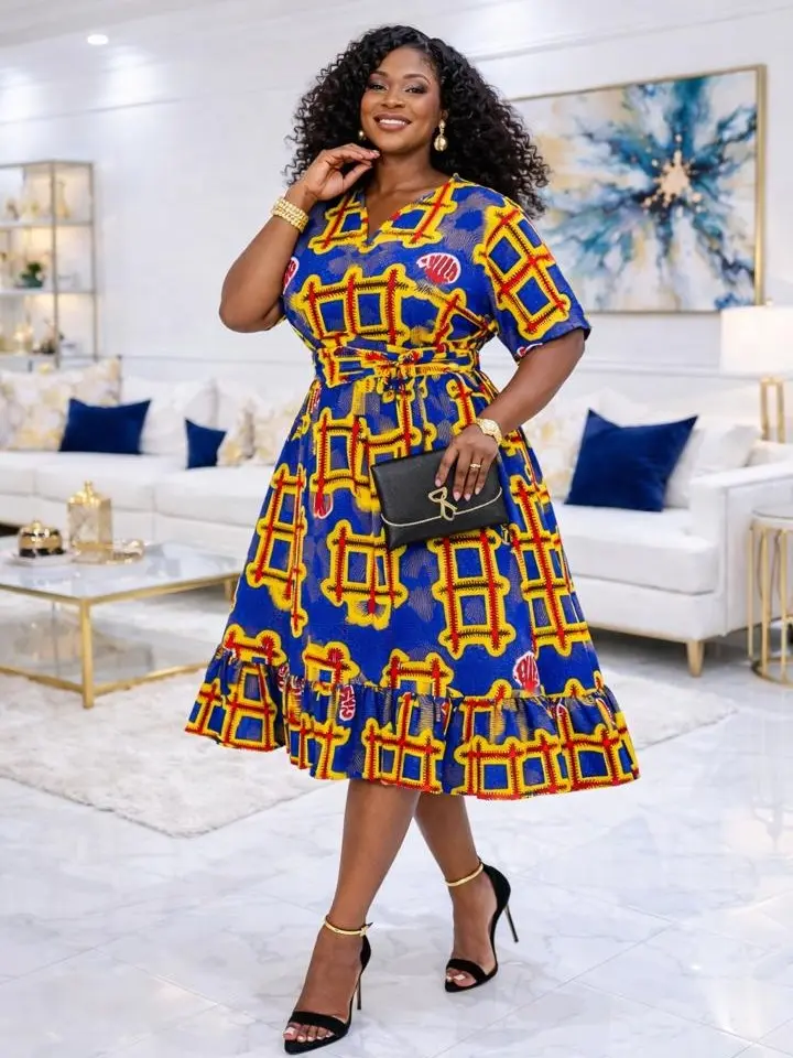Women’s Modest Feminine Short-Sleeve Blue Ankara Fit & Flare Belted Adjustable Midi Dress with Elegance