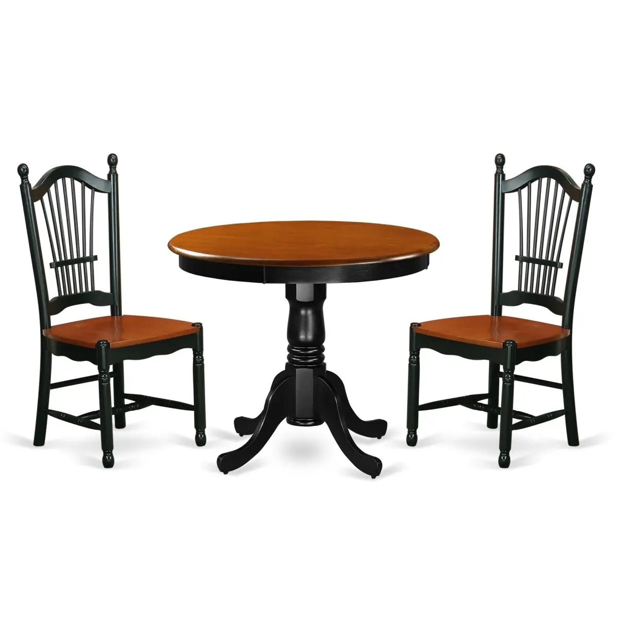 East West Furniture 3-Piece Modern Round Solid Wood Furniture Dining Table Set - Black & Cherry, Indoor Kitchen Set with Pedestal Base, Kitchen Chairs, 2x Wood Seats, 30x36x36 in Table, 39x18x21 in Chairs, 87 lbs