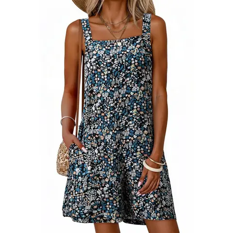 Dokotoo Women's Casual Rompers Loose Overalls One Piece Sleeveless Printed Wide Leg Short Pant Jumpsuits With Pockets
