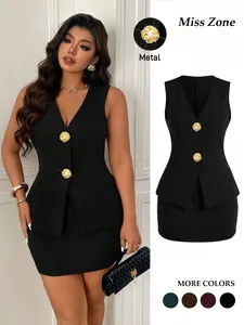 Women's Plus Size 2 Piece Outfits Tailored Vest Mini Skirt Set V-Neck Gold Button Waistcoat Elegant Chic Office Workwear Old Money Trendy