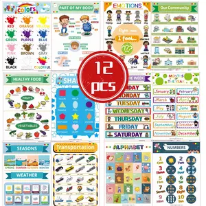 12pcs Educational Posters for Kids Learning Time Fruits Colors Animals Body Parts, Home Decor Classroom Wall Art, Education, Alphabet Learning Chart