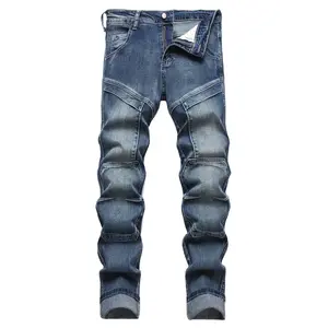 JUNBAOSS Menswear Men's Slim Fit Soft Plain Natural Biker Cotton Button Jeans - Stretch Flex Waist Ripped Trousers with Pockets, Zippers, Hipster Fashion Matching Retro Casual Streetwear for Fall - Beige, Vintage Blue