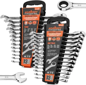 HORUSDY 8-Piece Ratcheting Wrench Set, Metric or SAE or Combination, with Organizer, 72-Teeth, 8mm - 17mm, Chrome Vanadium Steel