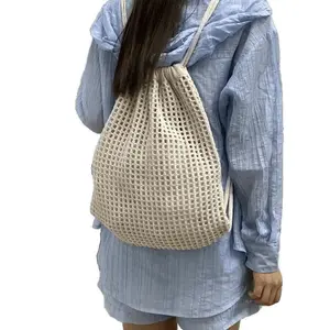 Lightweight Woven Drawstring Backpack, Openwork Crochet Crossbody Bag, Travel Beach Daily Shopping Backpack