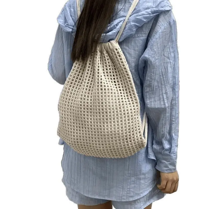 Women's Woven Crochet Drawstring Backpack - Lightweight Openwork Design, Functional, Drawstring Closure, for Adult Female Beach, Travel Use, Adults, Core Drawstring Bags