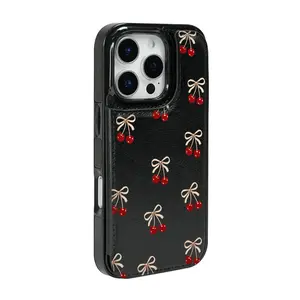 A phone case with cherry bow design, leather card slot, suitable for iPhone 17/16/15/14/13/12 PRO PROMAX PLUS AIR, an ideal gift for friends, family, or couples, KBPK27