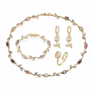 Stunning Tulip Dainty Cubic Zirconia Jewelry Set for Women Adjustable Trendy Choker Pendant Necklace Earrings Ring Bracelet Statement Jewelry Mother's Day Gifts