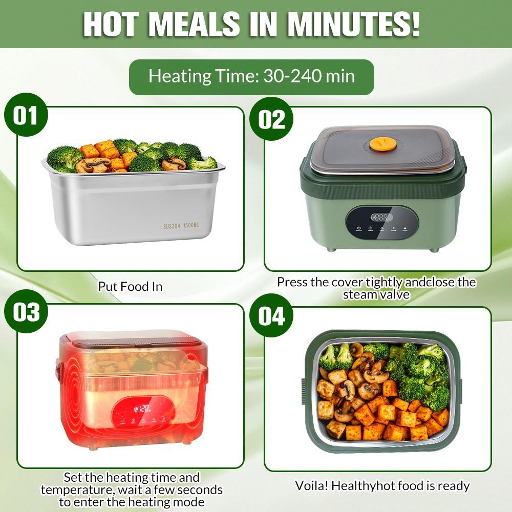 Cordless Heated Lunch Box 1.5L, Electric Food Warmer with 18000mAh Rechargeable Battery, 60W Lunch Box with Timer for Work Travel
