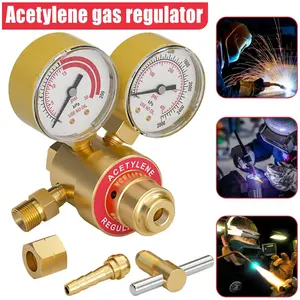 Acetylene Welding Gas Regulator CGA200 Interface 0-400PSI High Precision Pressure Gauge Control Valve 9/16-18 Socket Outlet Heavy Duty Adjustable Flow Meter Professional Welding Cutting Tool Industrial Gas Pressure Regulating Instrument Welder Workshop Ac