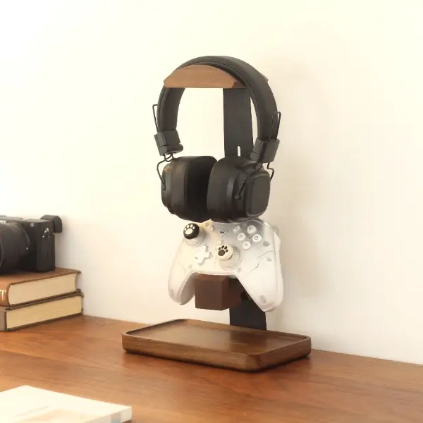 Aesthetic Walnut Wood Headphone Stand & Game Controller Holder Premium Metal Desk Organizer Tray for Cozy Gaming Setup & WFH Minimalist Headset Mount Ultimate Gamer Gift Idea for Him , Handy, Accessories, 19X14x28cm, Headphones/Controllers