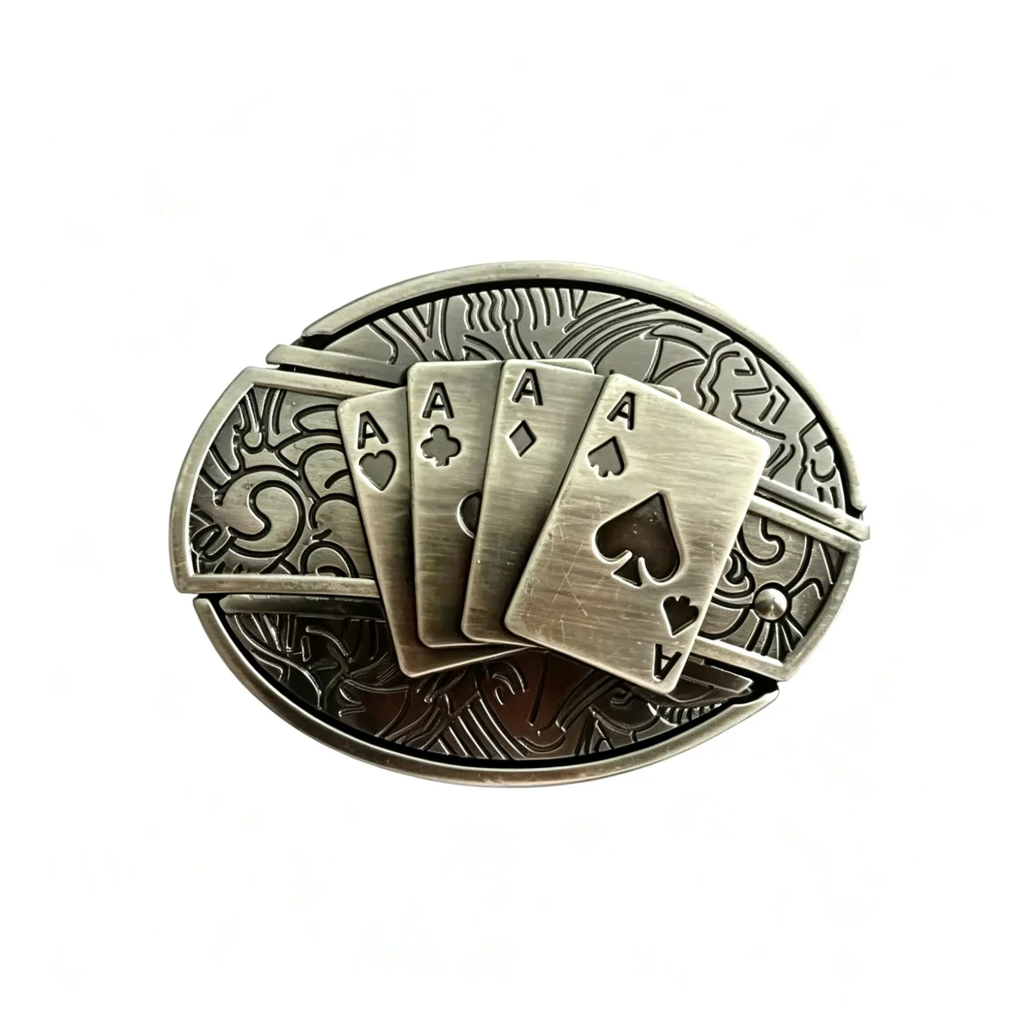 Vintage 4 Aces Poker Card Western Belt Buckle - Antique Silver Engraved Oval Buckle, Retro Cowboy-Hip Hop Accessory for Men, Fashion Gift for Boyfriend Husband Father Daily Wear casino style belt buckle poker themed belt buckle oval belt buckle head