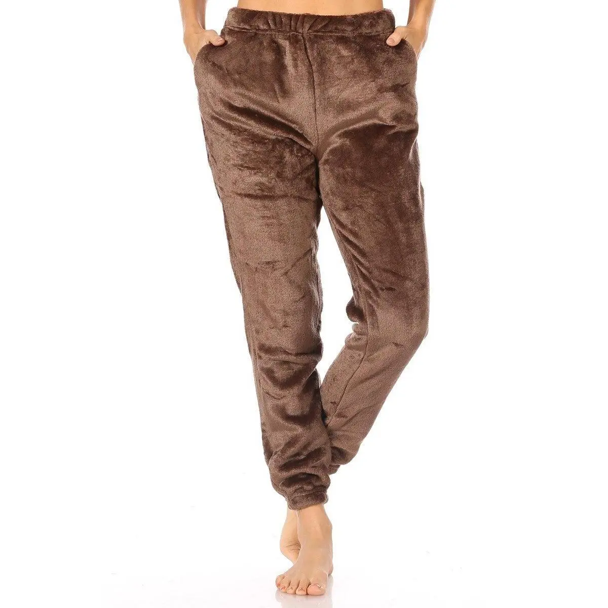 Double Side Plush Fur Joggers Sweatpants - Chocolate Brown