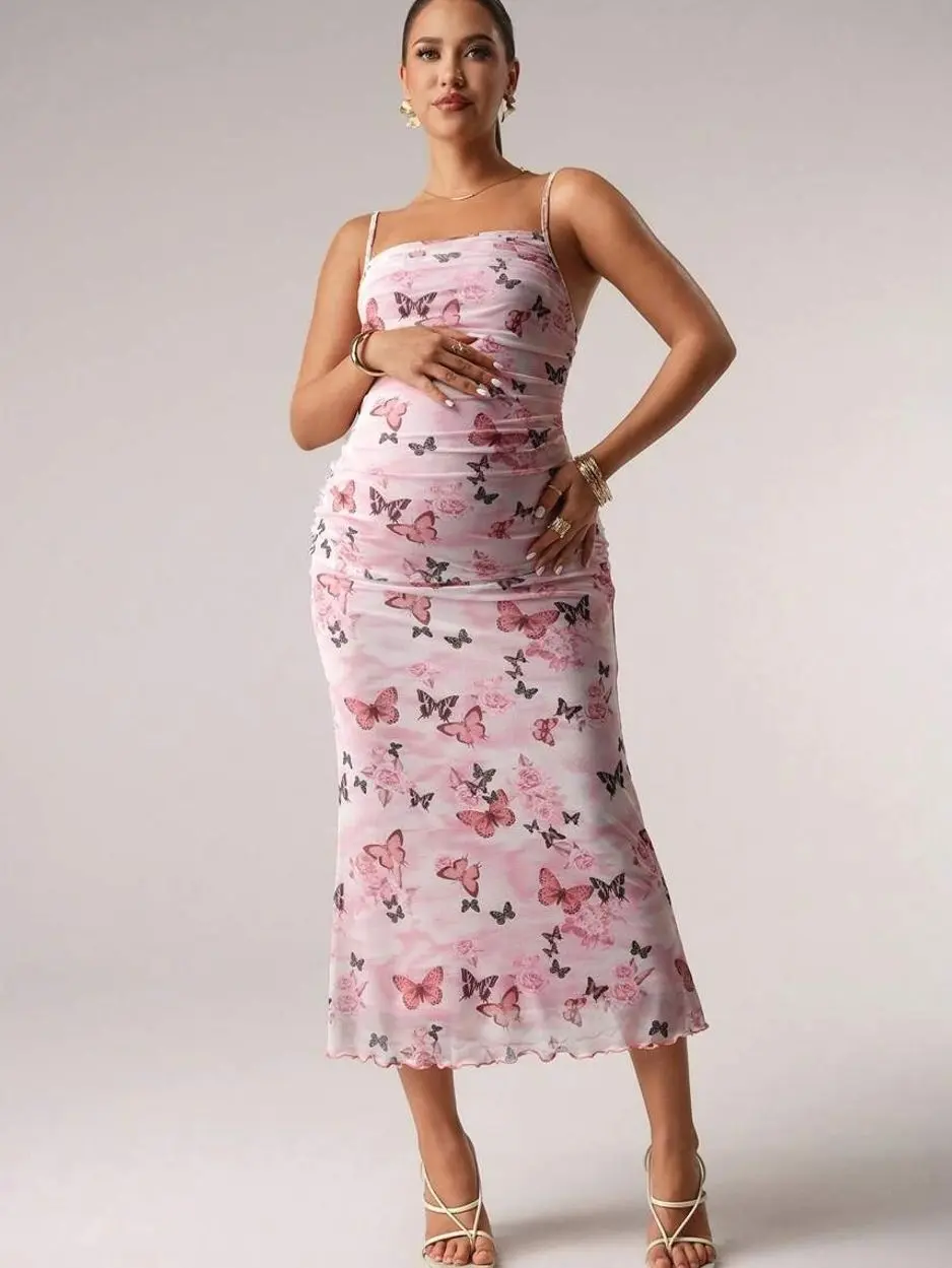 Maternity Green Floral Ruched Dress, Elegant Elastic Pregnancy Outfit for Weddings and Parties