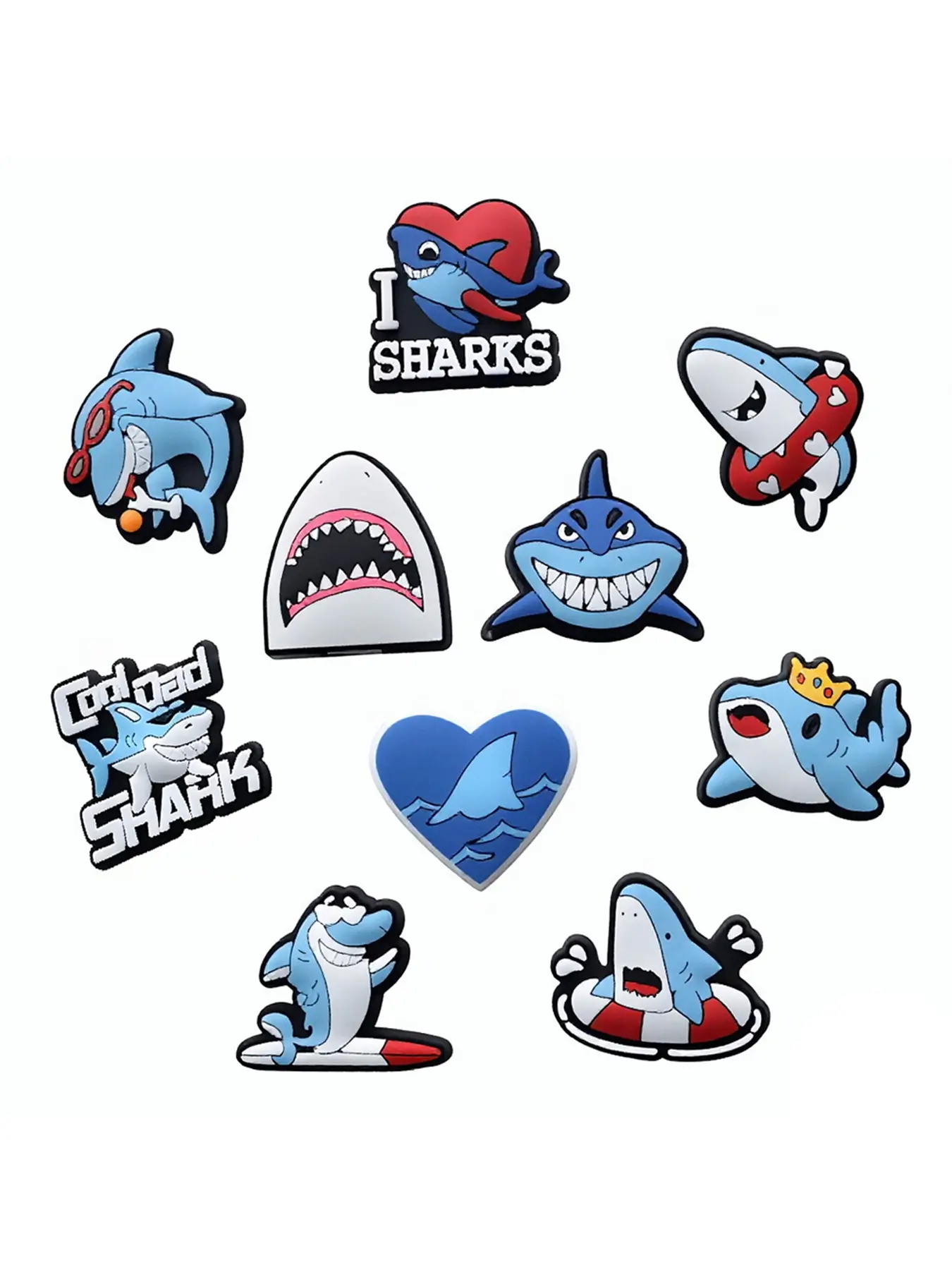 10pcs Cartoon Shark PVC Shoe Accessories, Fashion Sandal Wristband Bag for Boys and Girls, DIY Daily Decor and Party Gifts