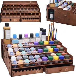OPHIR Paint Holder, Wooden Paint Rack with 50 Holes, Includes Painting Brush Holder with 24 Slots, 1 Drawer, 25 Brush Holes