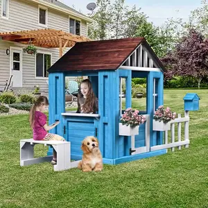Bellemave Outdoor Playhouse Wooden Kids Play House with Picnic Bench Half Door Windows Mailbox Fence Flowerpot Holders Cottage Playhouse for Backyard Garden Lawn Patio
