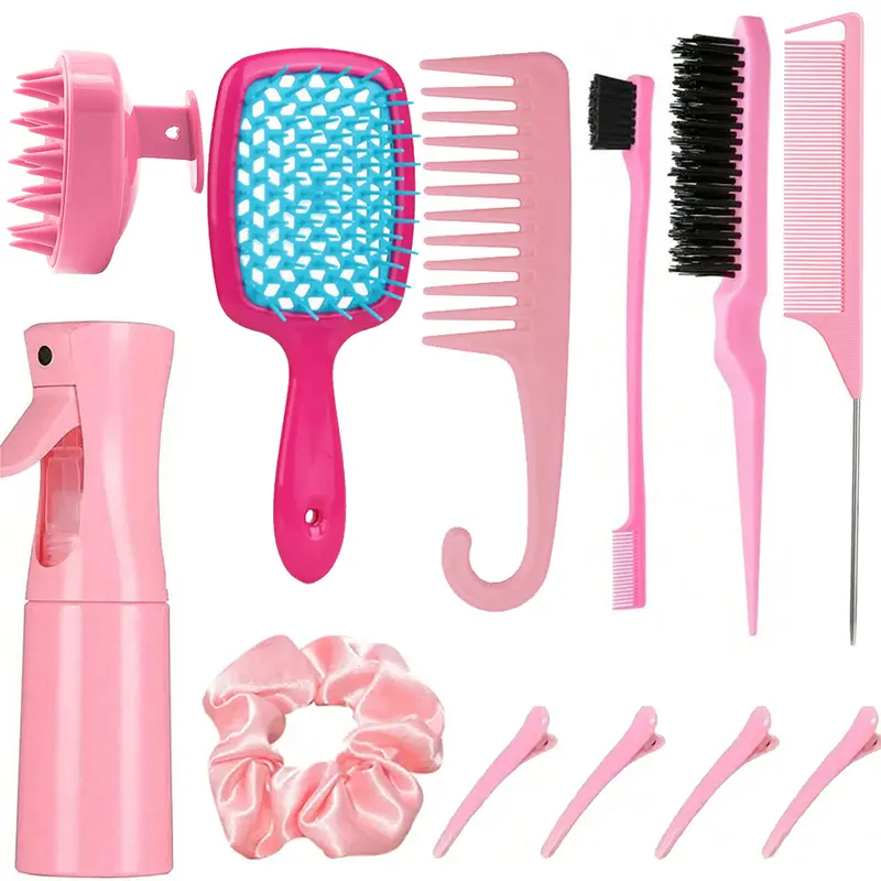 Hair Styling Set with Detangler Brush, Wide-Tooth Comb, Spray Bottle, Scalp Massager, Section Clips and Hair Scrunchie for Daily Hair Care, Hair Care Tool, Detangling Hair Brush
