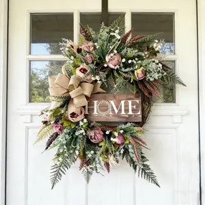 Home Letter Flower Ring with Coarse Linen Bow and Artificial Peony Flowers, Rustic Front Door Decoration, All-Year Home Decor