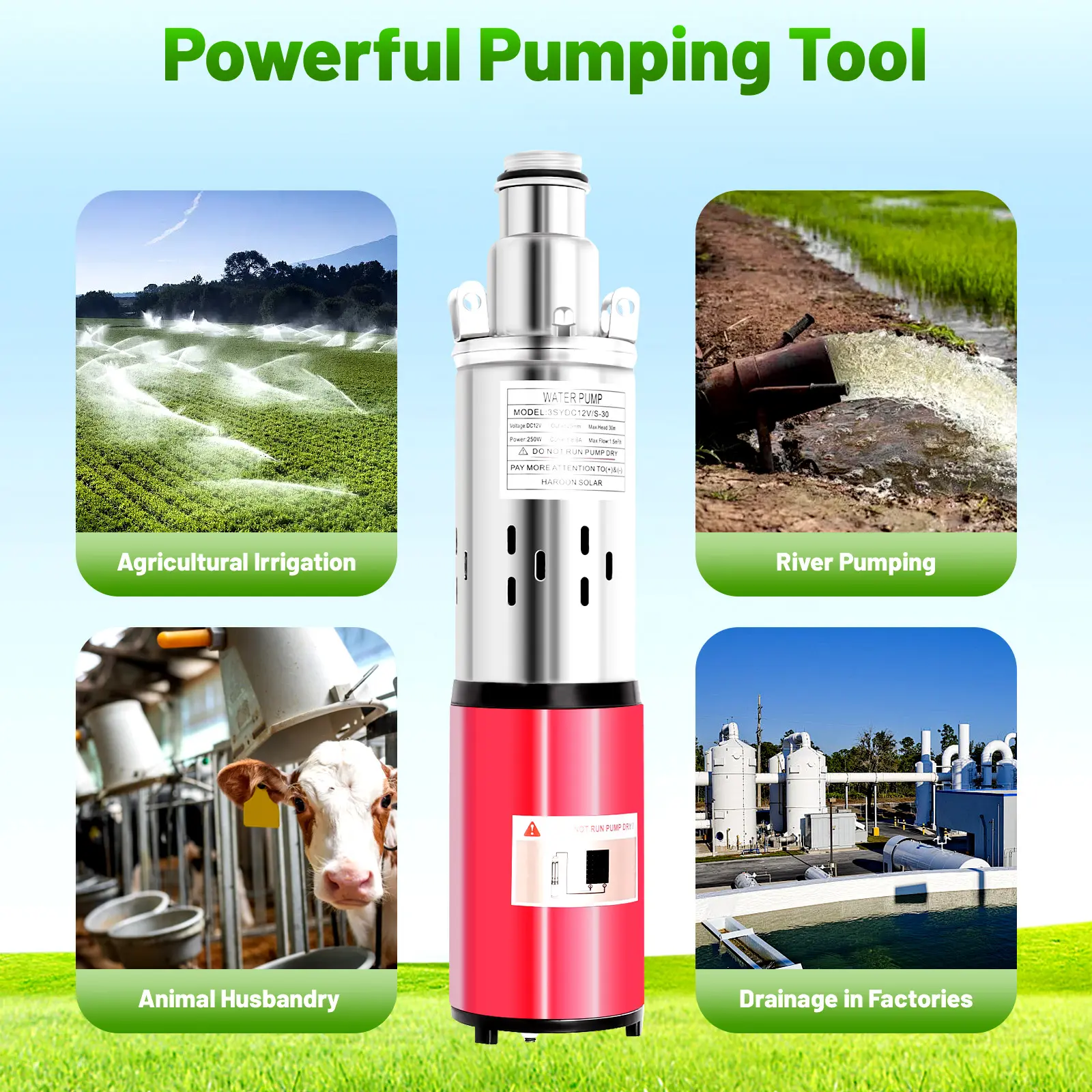 DC12V Submersible Pump 180W 20m Lift 1.5m³/h Flow 304 Stainless Steel for Farmland Irrigation Well Water Extraction River Reservoir