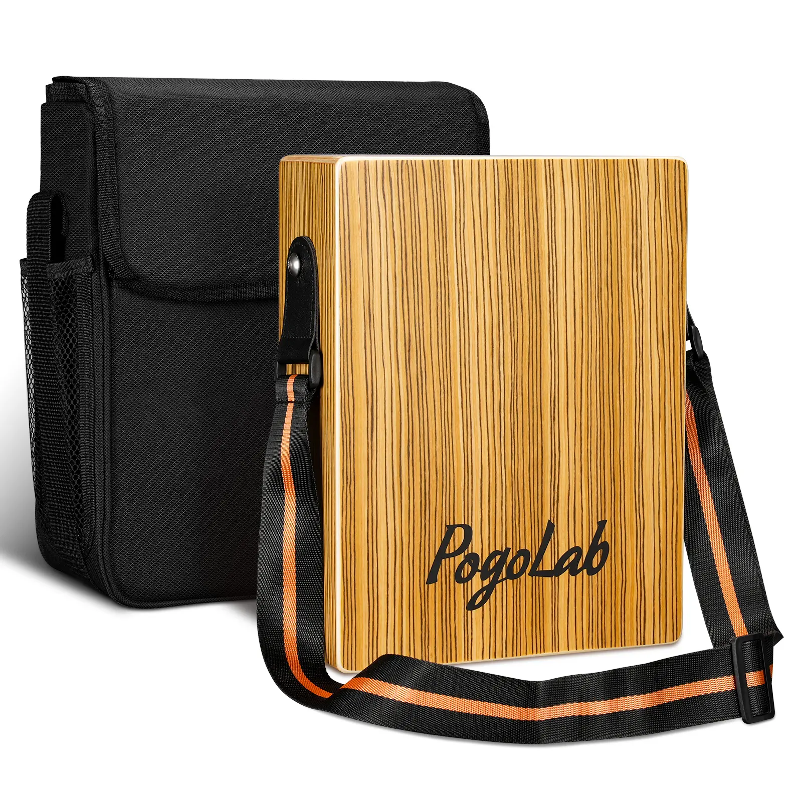 POGOLAB Portable Adjustable Tone Thick Wooden Cajon, Travel Cajon Drum,  with Adjustable Strap & Storage Bag, Musical Hand Drum with Guitar Steel Strings, Compact Size Percussion Instrument Kit