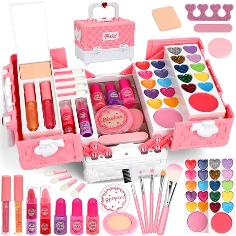 45 Pcs Safety First Kids Washable Makeup Playset, Pretend Play Make Up & Dress Up Game Accessories for 3-12 Years Children, Kid Girl Gifts & Kids Christmas Birthday Gifts