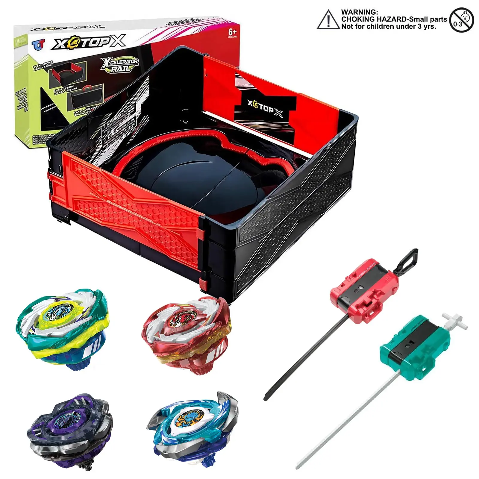 Foldable, Portable and Durable X Baystadium Battle Arena with 4 Spinning X Gyro Tops and 2 Launchers Complete a Set to Play, Fun Toy for Kids Aged 6+