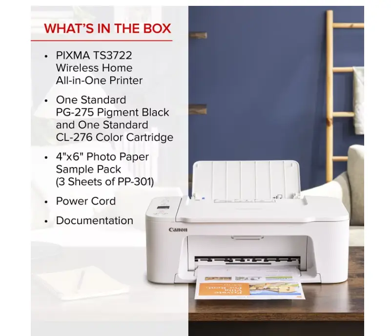 Canon PIXMA TS3722 Wireless All-In-One Inkjet Printer for Home Office with PG-275 & CL-276 Cartridges and 4"x6" Photo Paper Sample Pack