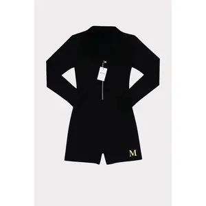 MHYK Midnight Muse Romper Black Long Sleeve with Gold Detailing & Gemstone Zipper for Women Soft Luxe High-Stretch Blend