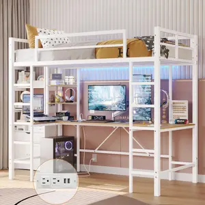 Sikaic Twin Size Loft Bed with U shaped Desk and LED Lights, Metal Bed Frame with Charging Station and Ladder, No Box Spring Needed, White Unique Bedroom Furniture
