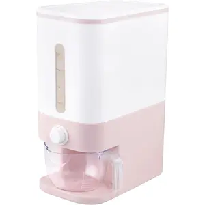 Rubtlamp 22.5-25 Lbs Pink Rice Dispenser, Rice Storage Container, Pink Rice Storage Container with Measuring Cup, Rice Holder Bucket for Household Kitchen Rice Soybean Corn BBG