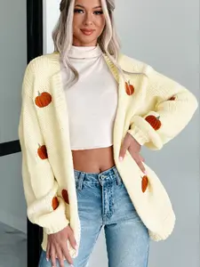Women's Cute Pumpkin Embroidered Long Sleeve Knit Cardigan Sweater Coat, Casual Loose-Fitting Fall & Winter Outerwear, Daily Commute Wear