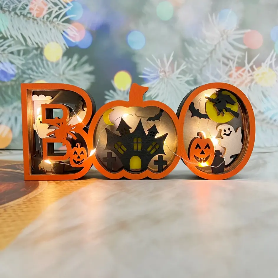 Halloween Lighted BOO Wooden Sign, Spooky Pumpkin Haunted House & Ghost Tabletop Decor with Warm LED String Lights, Multi-Layered Rustic Fall Centerpiece for Mantel Shelf Tiered Tray Party Decoration Gift Artistry and Luminary Symbol, Seasonal Decor