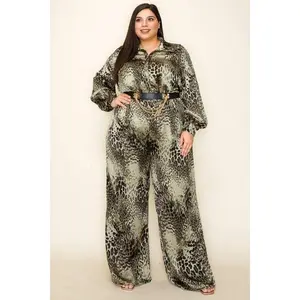 Satin Leopard Long Sleeve Button Down Palazzo Jumpsuit