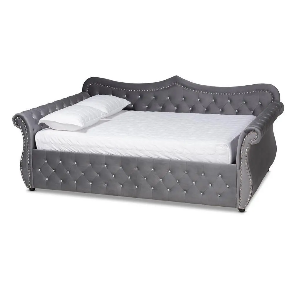 Abbie Traditional and Transitional Grey Velvet Fabric Upholstered and Crystal Tufted Queen Size Daybed