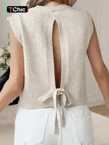 Women's Solid Color Tie Back Knit Fitted Sweater Vest, Casual Sleeveless Knitwear for Spring & Fall, Fashion Women's Knit Clothing for Daily Wear