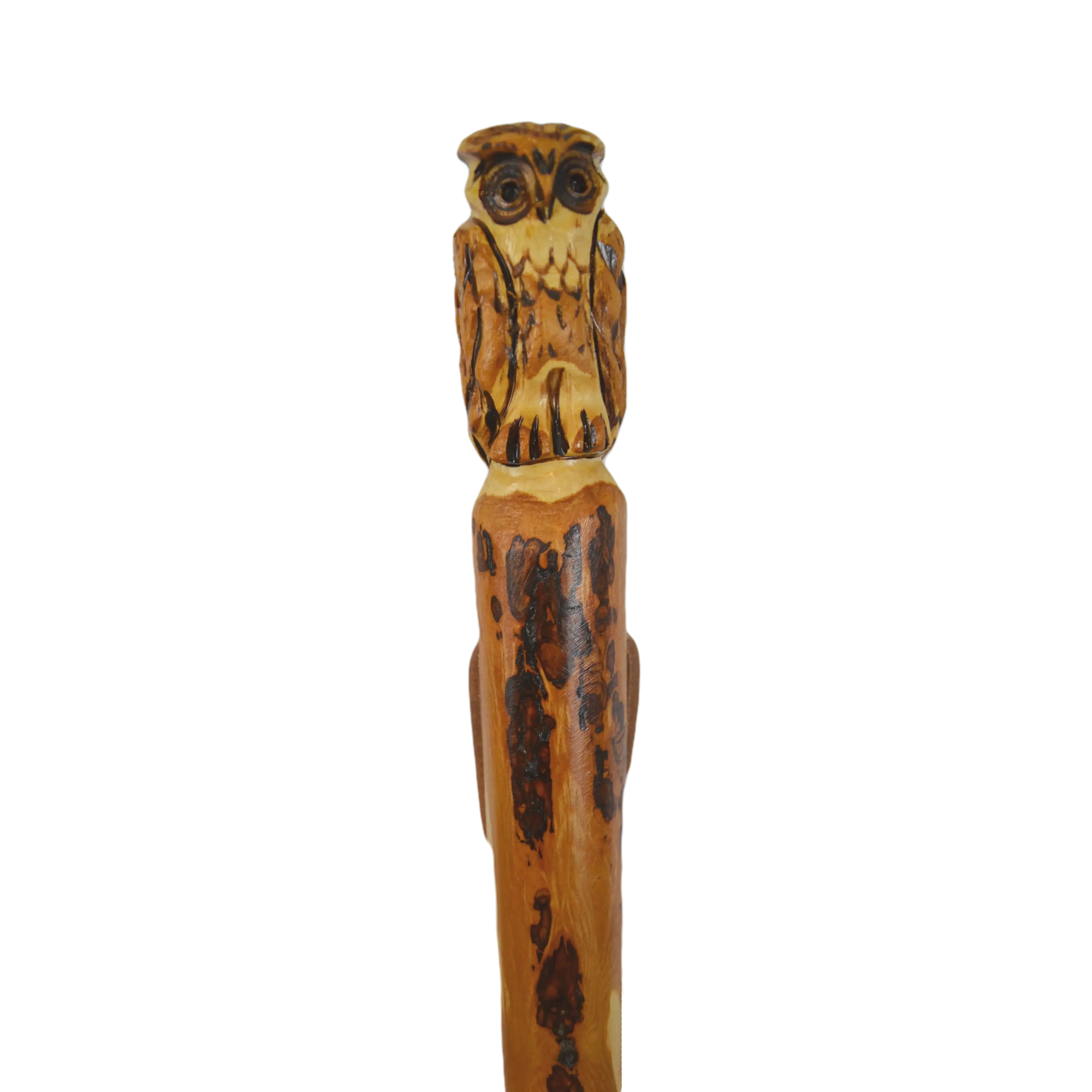 Kiln-Dried Hardwood Walking Stick with Handcrafted Owl Carving, Carved Down Handle, Customizable Height & Leather Strap, Hiking Adventures, Natural Hardwood, Up To 60 Inches, Carefully Packaged