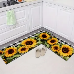 2 Piece Absorbent and Non-Slip Diatomaceous Earth Material Kitchen Mats with Checkerboard Backing Checkered Area Rug with Sunflower Elements for Laundry Rooms, Spring and Summer, Outdoor Themes, Washable Polyester Carpet Rugs Soft