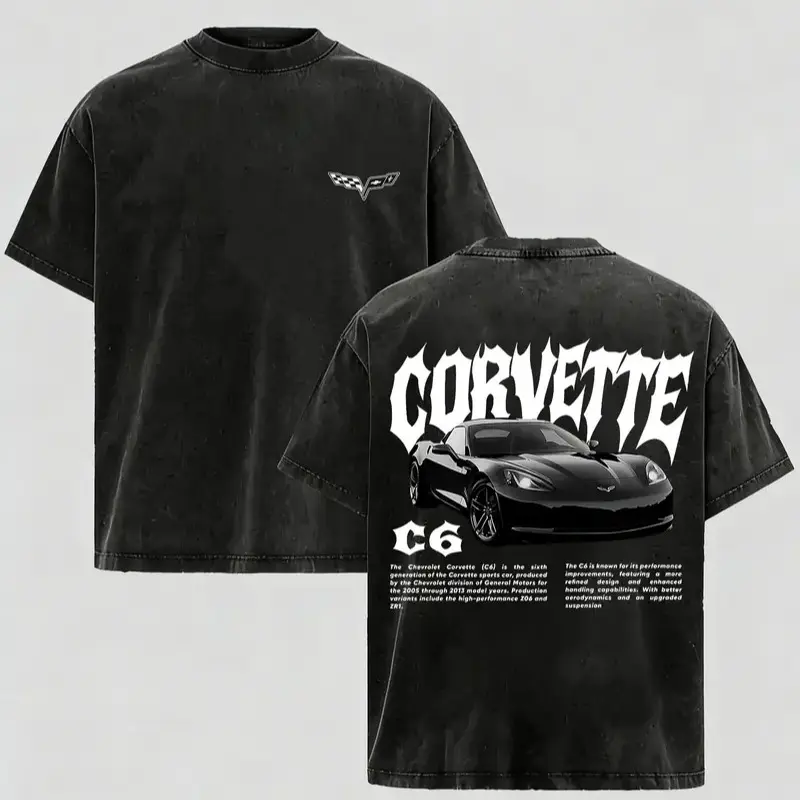 Vintage Washed Corvette C6 Graphic T-Shirt, Washed Racing Car Tee, 100% Cotton Crewneck, Classic Sports Car Merch for Men & Boys, Trendy Retro Unisex Top
