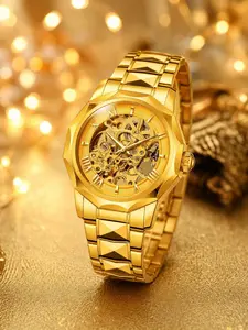 Men's Business Fashion Hollow Out Design Analog Mechanical Watch, Fashion Watch for Party, Daily Clothing Decor, Trendy All-match & Exquisite Watch for Birthday Gift with Box